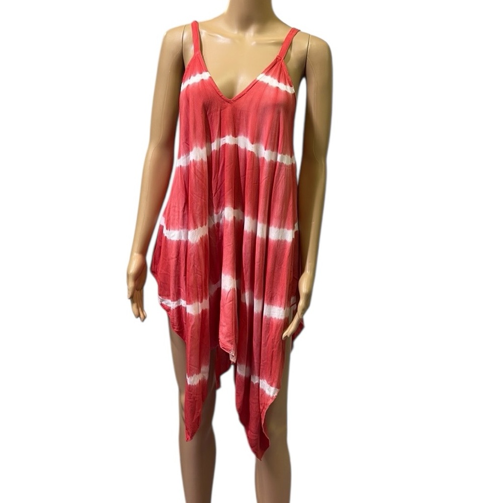 Tie Dye Pink White Boho Asymmetrical Tunic Handkerchief Hem Coverup Womens Small